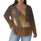 RL's Women's V-neck T-shirt With Curved Hem (Plus Size), Brown and Gold