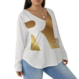 RL's Women's V-neck T-shirt With Curved Hem (Plus Size), White & Gold