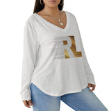 RL's Women's V-neck T-shirt With Curved Hem (Plus Size), White & Gold