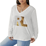 RL's Women's V-neck T-shirt With Curved Hem (Plus Size), White & Gold