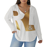 RL's Women's V-neck T-shirt With Curved Hem (Plus Size), White & Gold