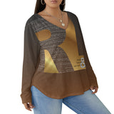 RL's Women's V-neck T-shirt With Curved Hem (Plus Size), Brown and Gold