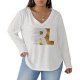 RL's Women's V-neck T-shirt With Curved Hem (Plus Size), White & Gold